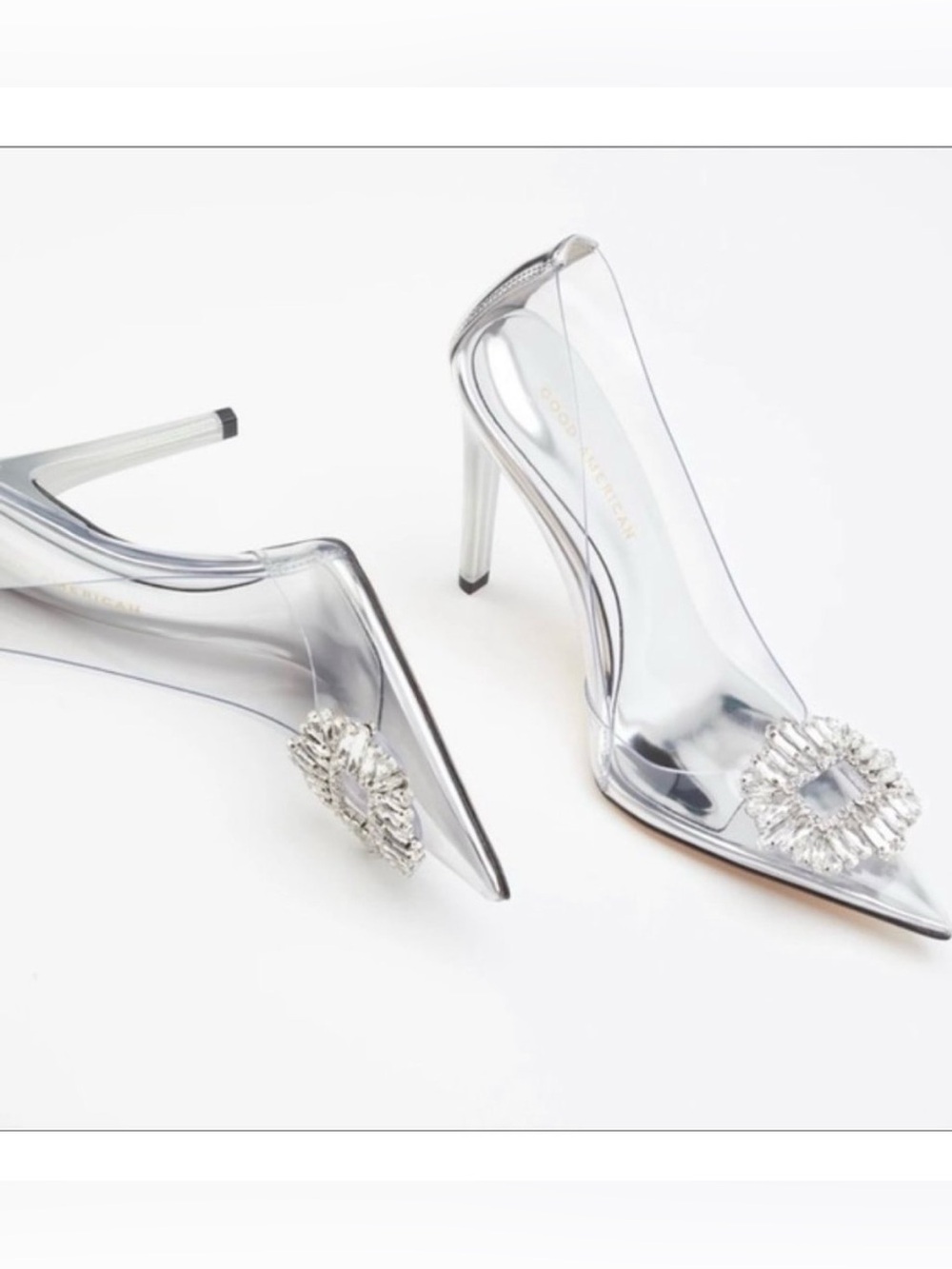 Good American Silver Clear Pointed Crystal-Buckle Pumps